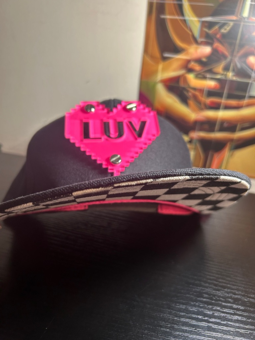 SALE! Claire's “LUV” Logo Black Hat with Hot Pink Liner & Checked Rim: GUC